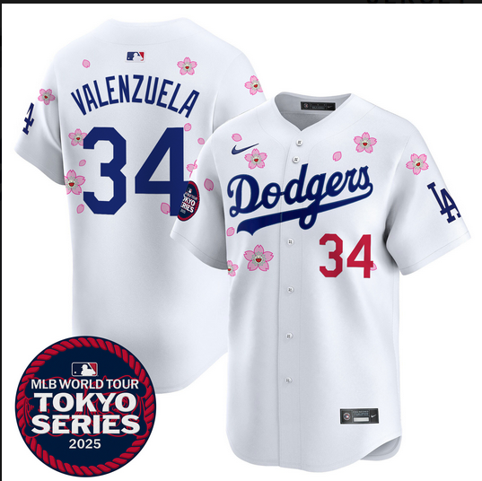 Men Los Angeles Dodgers #34 Valenzuela Tokyo Series 2025 white Limited Stitched Jersey style 2